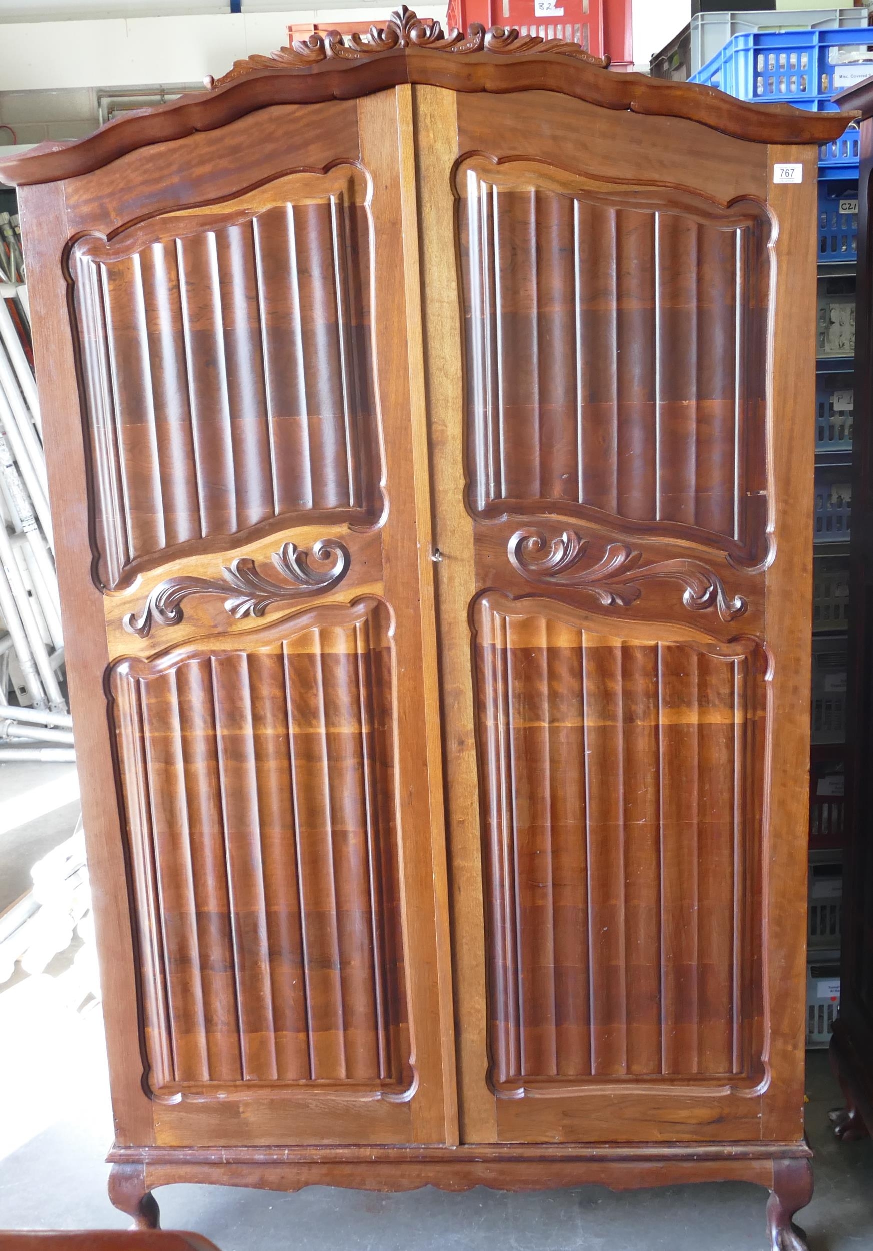 South African Hard Wood Carved Double Wardrobe on Ball & Claw Feet, sectional in 3 pieces, height
