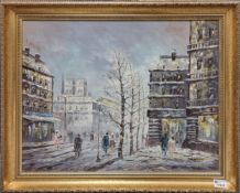 Continental Oil on Canvas Winter Street Scene, Signed J Hinton, frame size 62 x 72cm