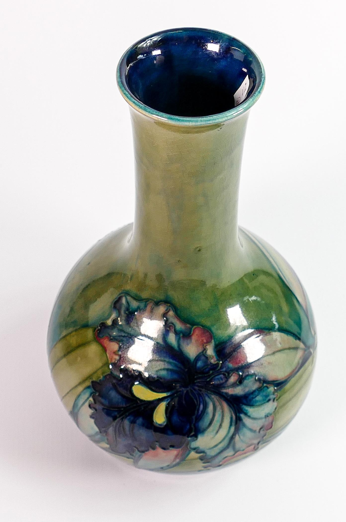 William Moorcroft vase decorated in the Iris design: On green ground, c1930, full signature & - Image 3 of 3