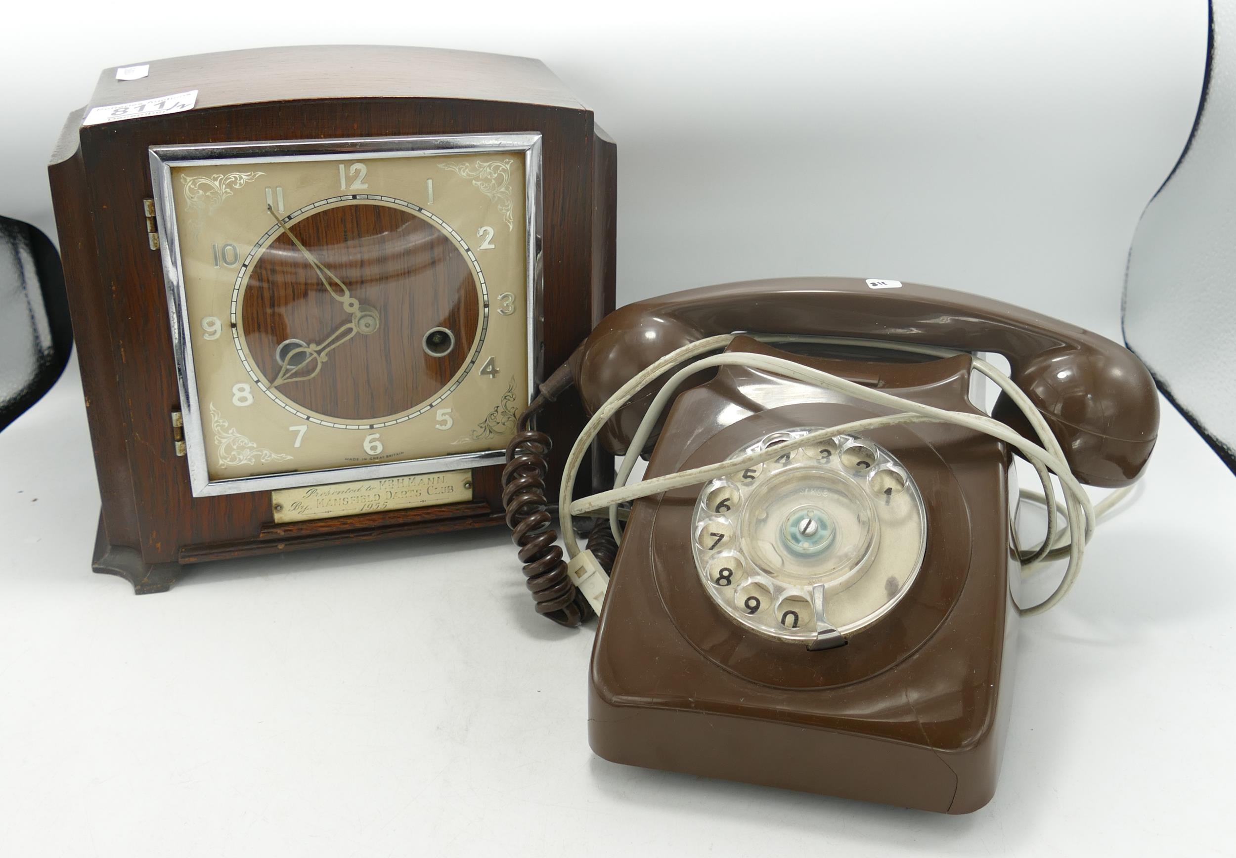 Presentation Oak Mantle Clock & Vintage Dial Telephone(2)