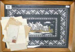 R J Keeling, framed picture decorated with foil designs and a cottage. Measures 34cm x 48cm overall,