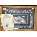 R J Keeling, framed picture decorated with foil designs and a cottage. Measures 34cm x 48cm overall,