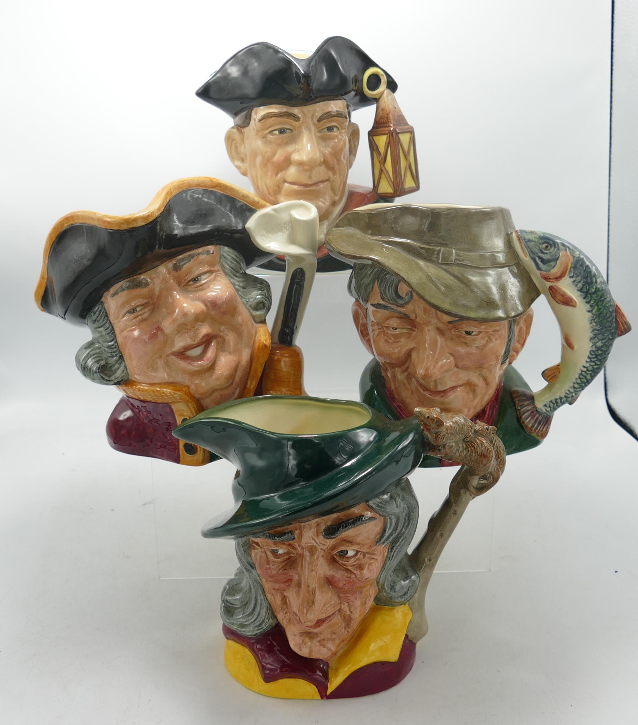 Royal Doulton Large Character Jugs Pied Piper D6403, Nightwatchman D6569, Poacher D6429 & Town Crier