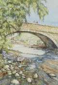 Tom Hinks modern watercolour titled Under The Bridge Fishguard Port, frame size 74cm x 58cm with