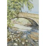 Tom Hinks modern watercolour titled Under The Bridge Fishguard Port, frame size 74cm x 58cm with