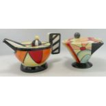 Two Lionel Bailey Deco teapots - Hilltop PROTOTYPE, mark on bottom, Traditionally Hand Crafted and