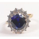 Tru Diamonds large synthetic sapphire & white stone cluster ring, size R, with unknown gilt metal