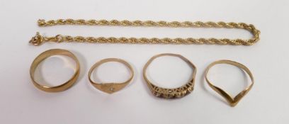 9ct gold items, including wedding ring, rings and broken chain 5.6g.