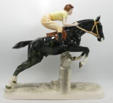 Hertwig Katzhutte Art Deco figure girl on horse jumping fence, approx 27cm in length