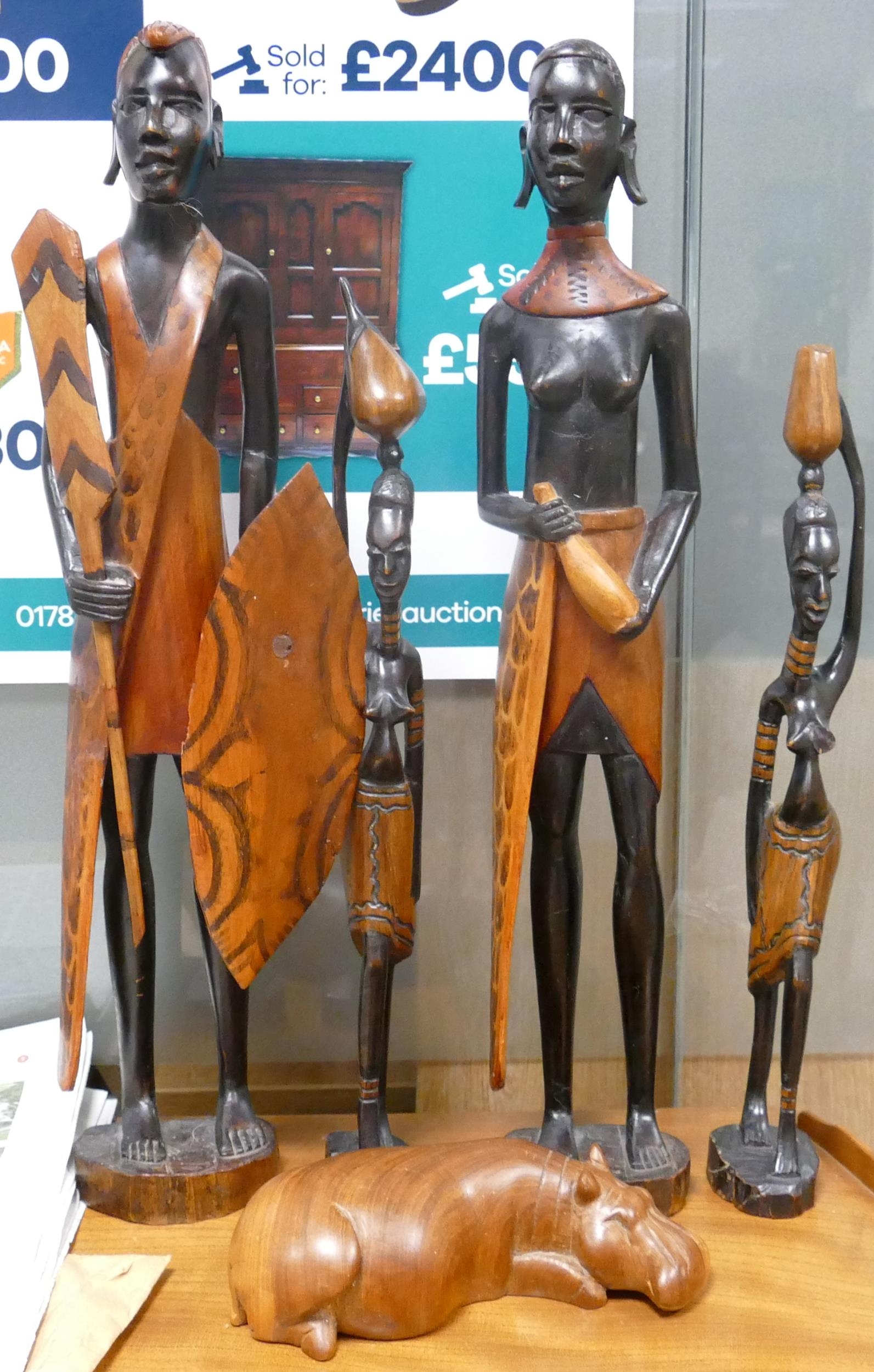 Five Hard Wood African Carved Figure, tallest 48cm(5)