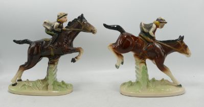 Jema Holland Pottery Horses Jumping Fences, height 18cm(2)(one with broken neck)