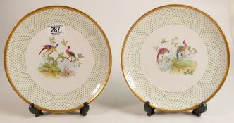 Two Early 20th Century Hand decorated Cabinet plates with images of Birds of Paradise, initialed MHH