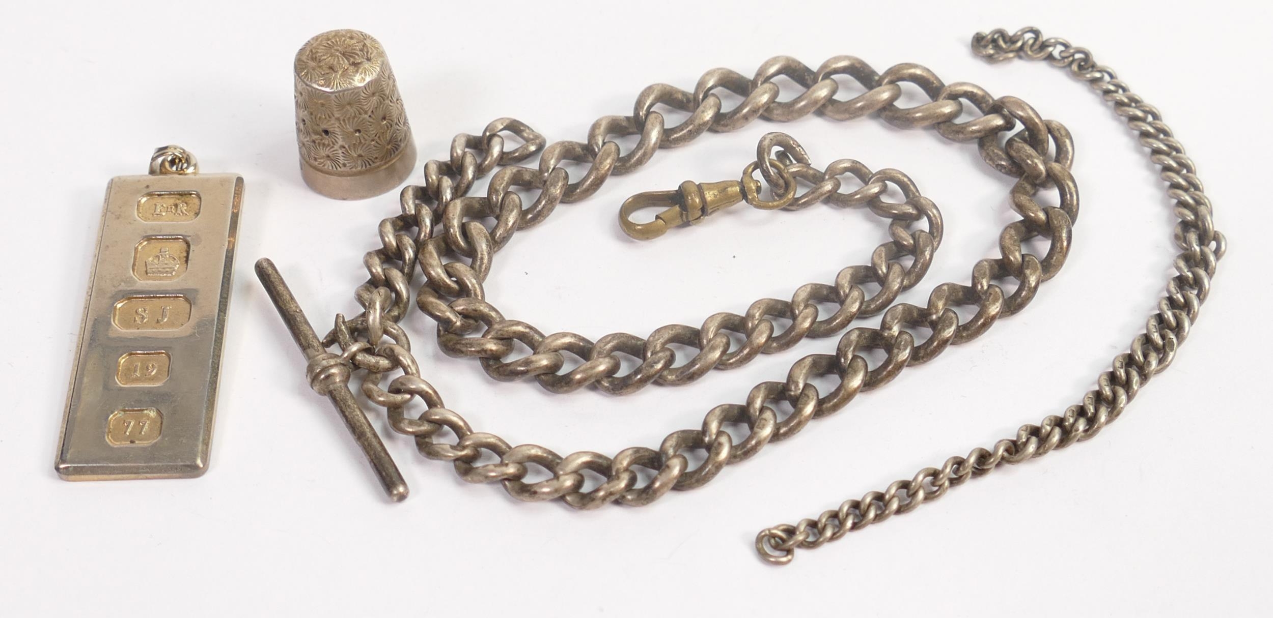 A collection of Silver items including Albert watch chain, Ingot, Thimble etc, 91.6g.