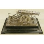 Large Ornamental 1930's Chrome Plated Desck Cannon wooden plinth, length of plinth 43cm