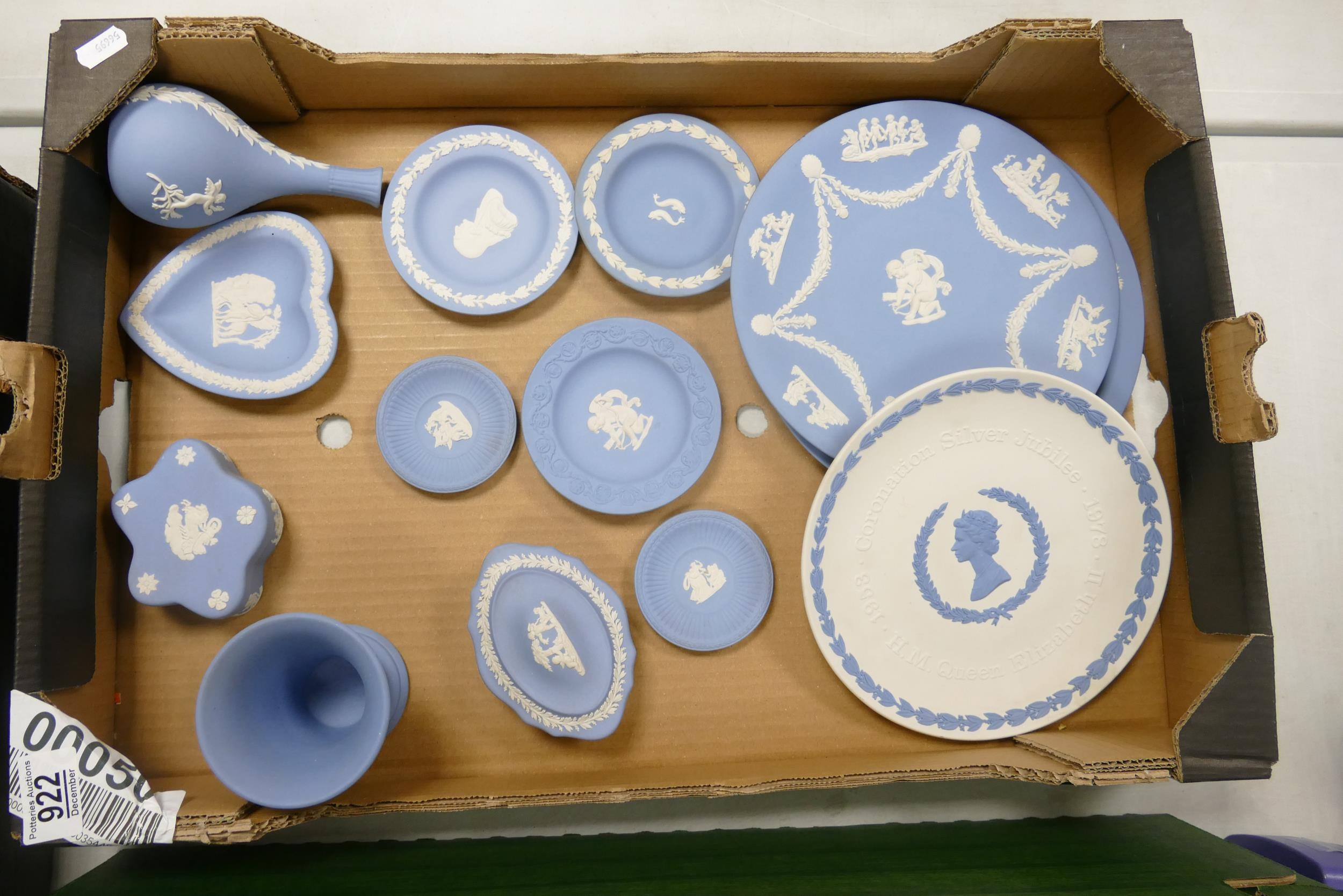 A collection of Wedgwood Jasperware including plates, vases, lidded pots, pin dishes etc