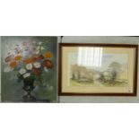 J L Evans RA Still Life Oil on Board, unmounted 60.5 x 51.5cm together with framed Baxter