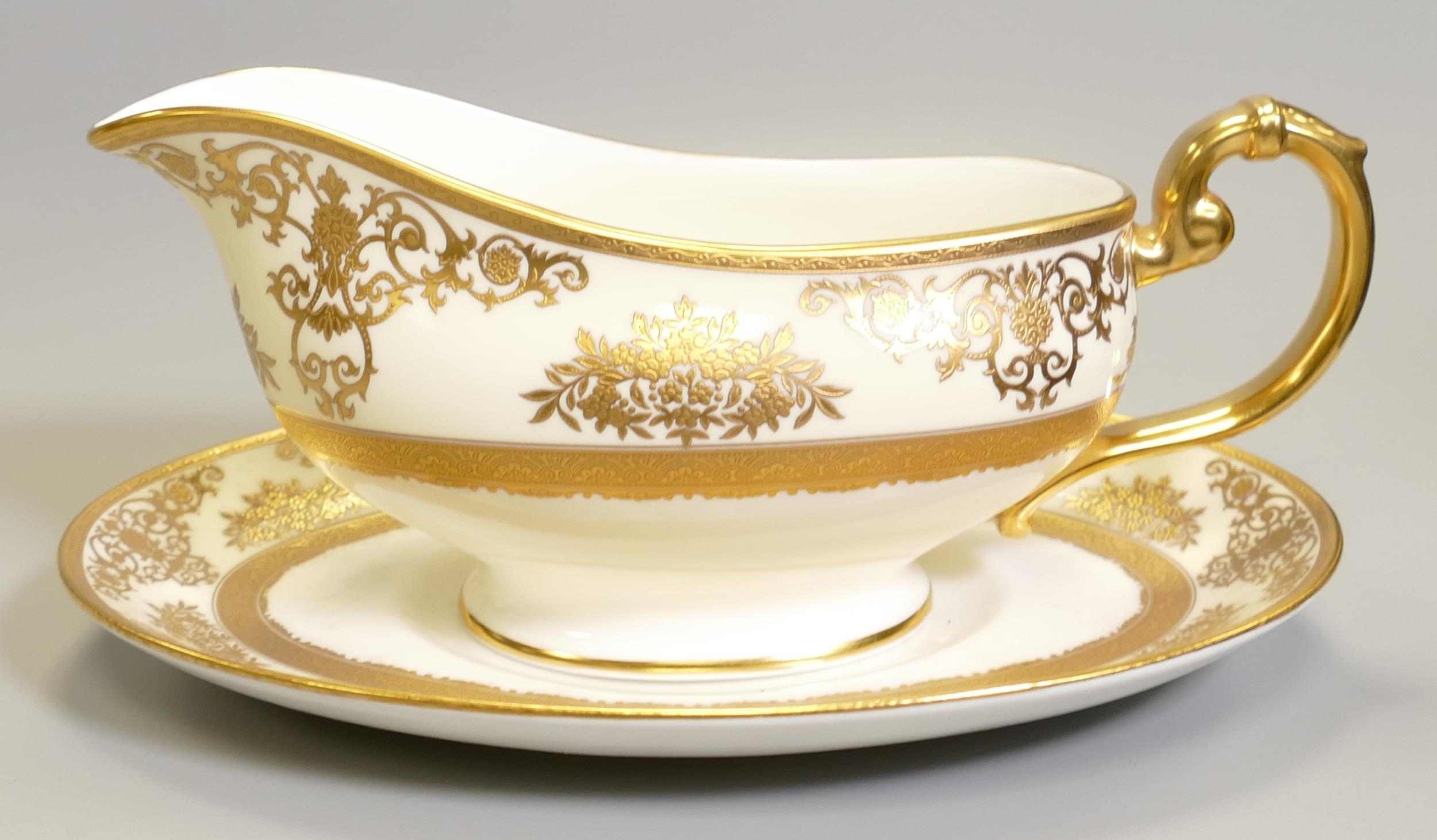 De Lamerie Fine Bone China heavily gilded Exotic Garden patterned Gravy Boat & Stand , specially