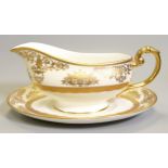 De Lamerie Fine Bone China heavily gilded Exotic Garden patterned Gravy Boat & Stand , specially