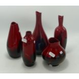 Five Flambe veined vases. 1 chipped to base rim, 1 cracked, 1 chip to top rim (5)