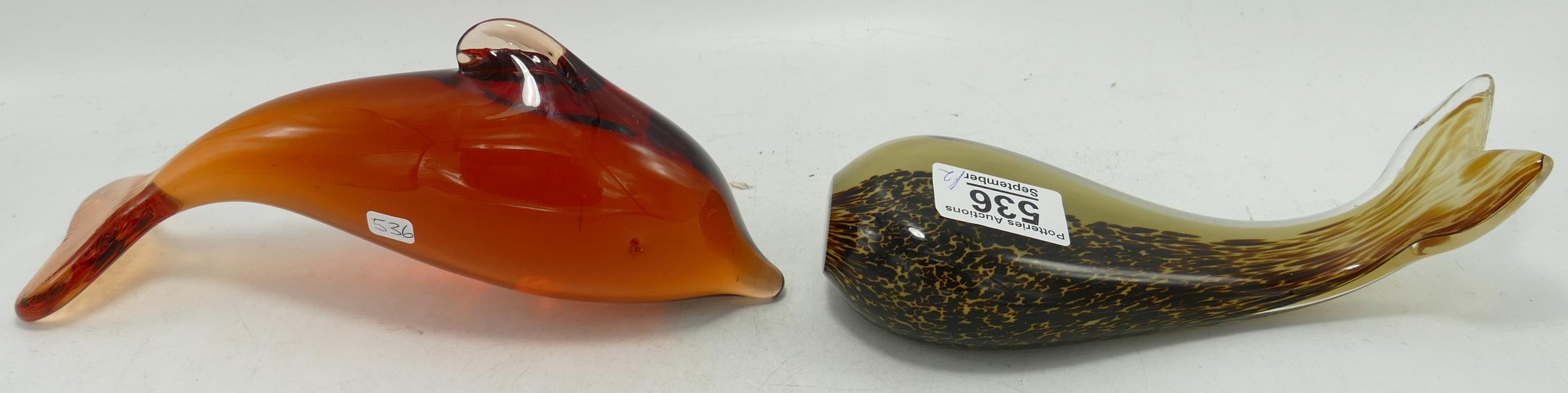 Wedgwood glass paperweights as Dolphin and fish. (2)