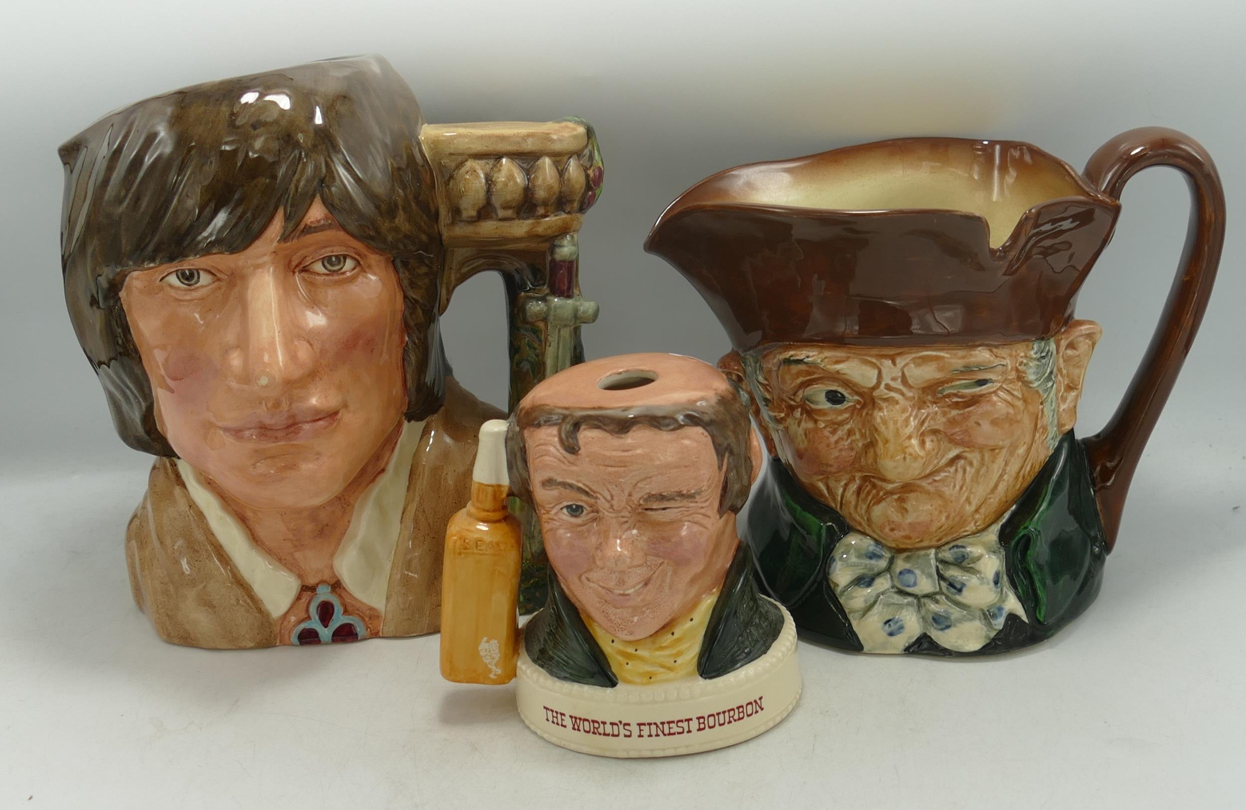 Royal Doulton Large Character Jugs Old Charley Seconds Romeo & small decanter Jim Beam Pick Wick(3)