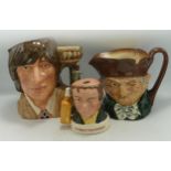 Royal Doulton Large Character Jugs Old Charley Seconds Romeo & small decanter Jim Beam Pick Wick(3)