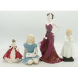 Royal Doulton small Figures Alice, Southern Belle & seconds Bedtime together with Coalport Lady