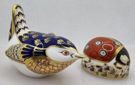Royal Crown Derby Wren & Ladybird Paperweights, gold stopper (2)