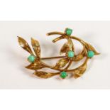 9ct gold leaf brooch set with 5 turquoise stone, 4.7g: