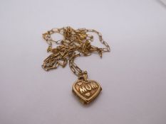 9K yellow gold neckchain hung heart shaped 'Mum' locket, 5g approx
