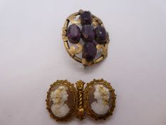 Unmarked yellow metal brooch set 4 large purple stones and unmarked yellow metal double Cameo brooch