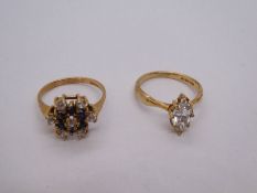 9ct yellow gold Sapphire and clear stone cluster ring, size L, and 9ct yellow gold dress ring set wi