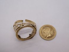 9ct yellow gold ring, no coin, marked 375, AF, 3.9g approx, and a yellow metal Victorian coin, 3.2g
