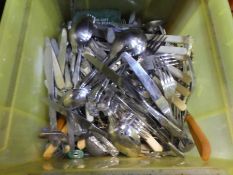 A carton of plated cutlery and sundry