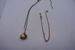 8ct yellow gold neckchain hung with 14ct, marked 585, pendant, with a pearl, plus AF chain  9ct yell