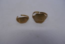 Two 9ct yellow gold Signet rings, both AF, cut, one still with marks 375, 3.2g approx