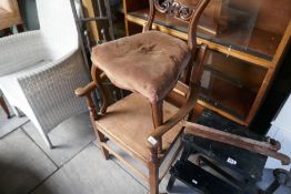 Two vintage chairs, magazine rack, steps and a pair of fire dogs