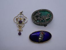 9ct gold backed blue enamelled brooch, yellow metal amethyst set pendant and a silver and marcasite