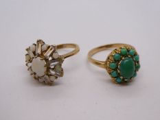 two 9ct yellow gold cluster rings, one an Opan example and the other a turquoise, both marked 375, s