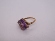 9ct yellow gold dress ring, with large emerald cut Amethyst, band marked 375, size Q, 4.5g approx