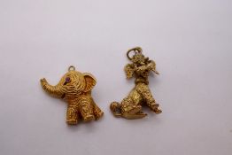 Two 9ct yellow gold charms, one an elephant and one a dog, both marked 375, 10g approx