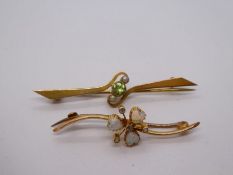 15ct gold bar brooch with heart shaped Opals and diamond chips, marked 15ct and 9ct yellow gold Peri