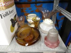 Vintage glassware including vases, light shades, etc and a reproduction 'Boucher' design urn