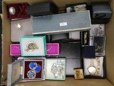 Two boxes containing modern costume jewellery including silver, Celtic design brooches, etc