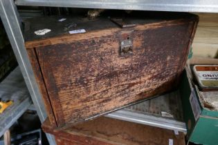 An old pine carpenter's tool chest, a tray of assorted tools and a pine cupboard