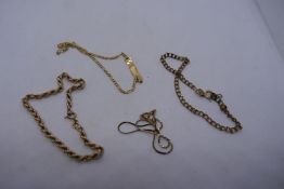 Four 9ct yellow gold bracelets, including ropetwist and Identity examples, all marked, 6g approx