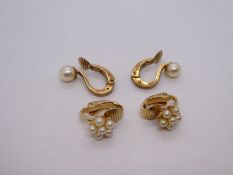 Pair of 9ct yellow gold clip on Pearl earrings and another pair