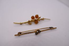 9ct yellow gold bar brooch with amber coloured stones marked 9ct and another unmarked bar brooch, wi