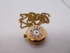 14K yellow gold half hunter ladies pocket watch with enamelled dial, plated dust cover, case marked