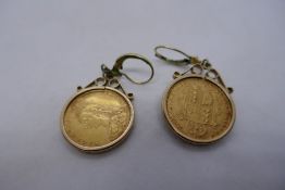 Pair of 9ct gold mounted earrings each set 1892 22ct gold half Sovereigns, Young Victoria and Shield